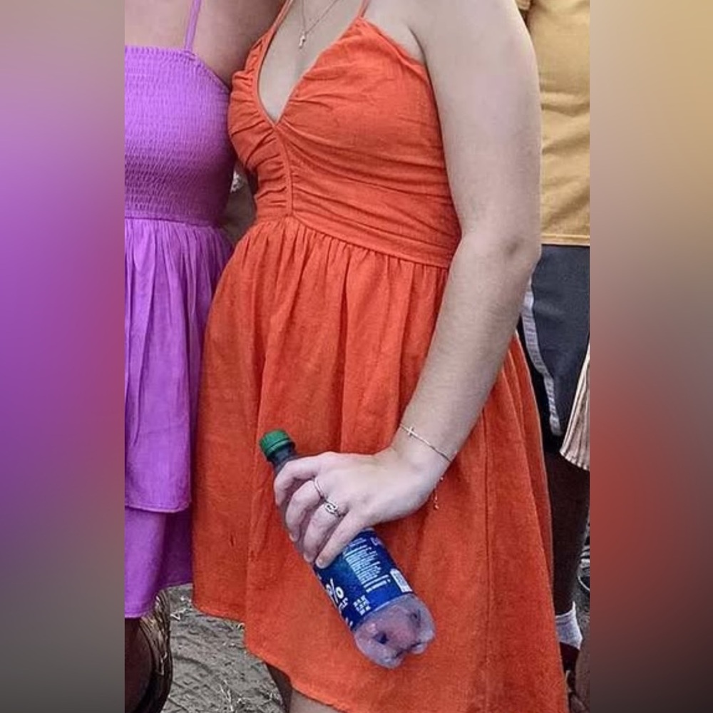 Orange Ruched Halter Mini Sundress